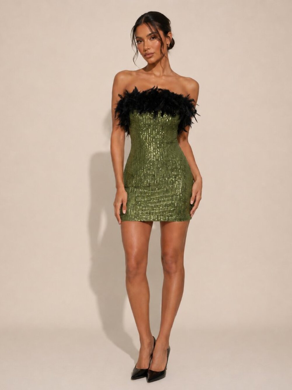 NWT Monaco Olive Green Sequin Feather Strapless Bodycon Mini Dress Party